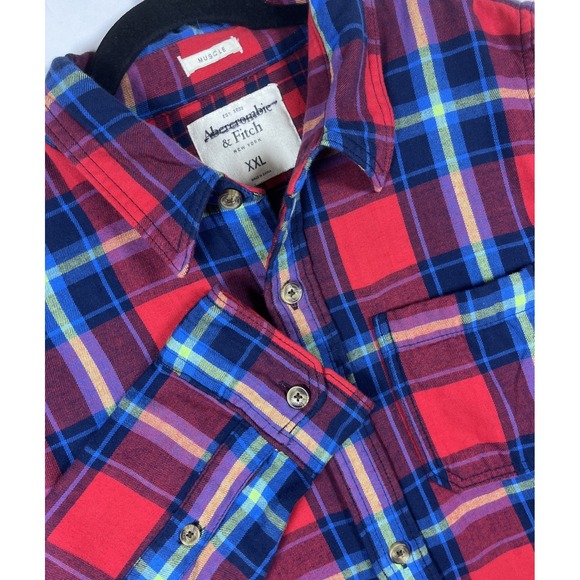 Abercrombie & Fitch Flannel Shirt Men XXL 2XL Muscle Madras Plaid Brushed Cotton - Picture 1 of 7